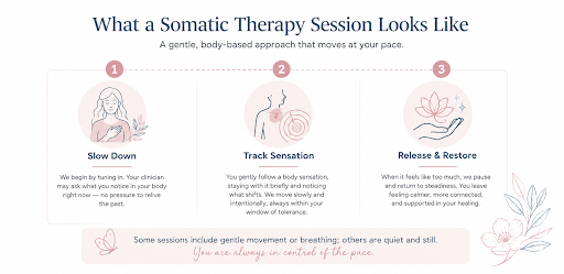Infographic showing the three stages of a somatic therapy session: slow down, track body sensations, and release and restore in trauma-informed therapy.