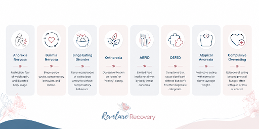 Illustrated overview of eating disorders treated at Revelare Recovery, including anorexia, bulimia, binge eating disorder, orthorexia, ARFID, OSFED, atypical anorexia, and compulsive overeating.