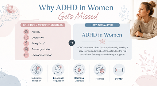 ADHD treatment for women infographic showing how ADHD symptoms are often mistaken for anxiety, depression, poor organization, and lack of motivation.